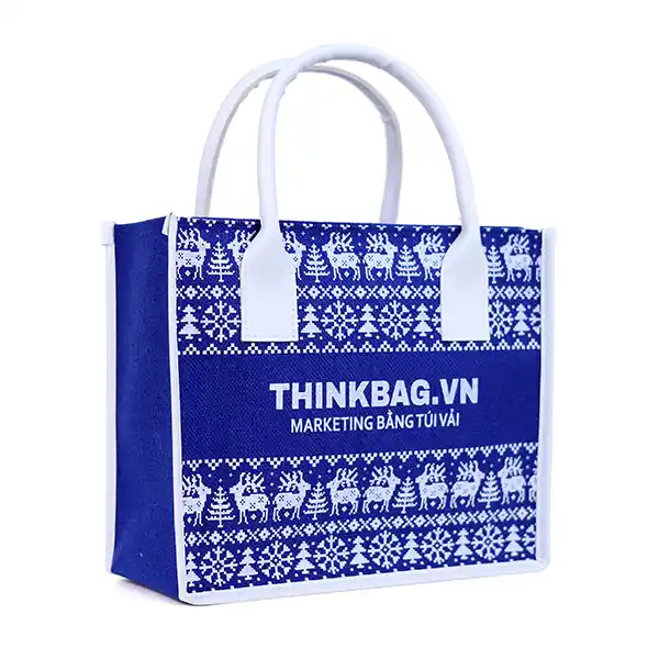 Túi vải đay Noel xanh dương quai da