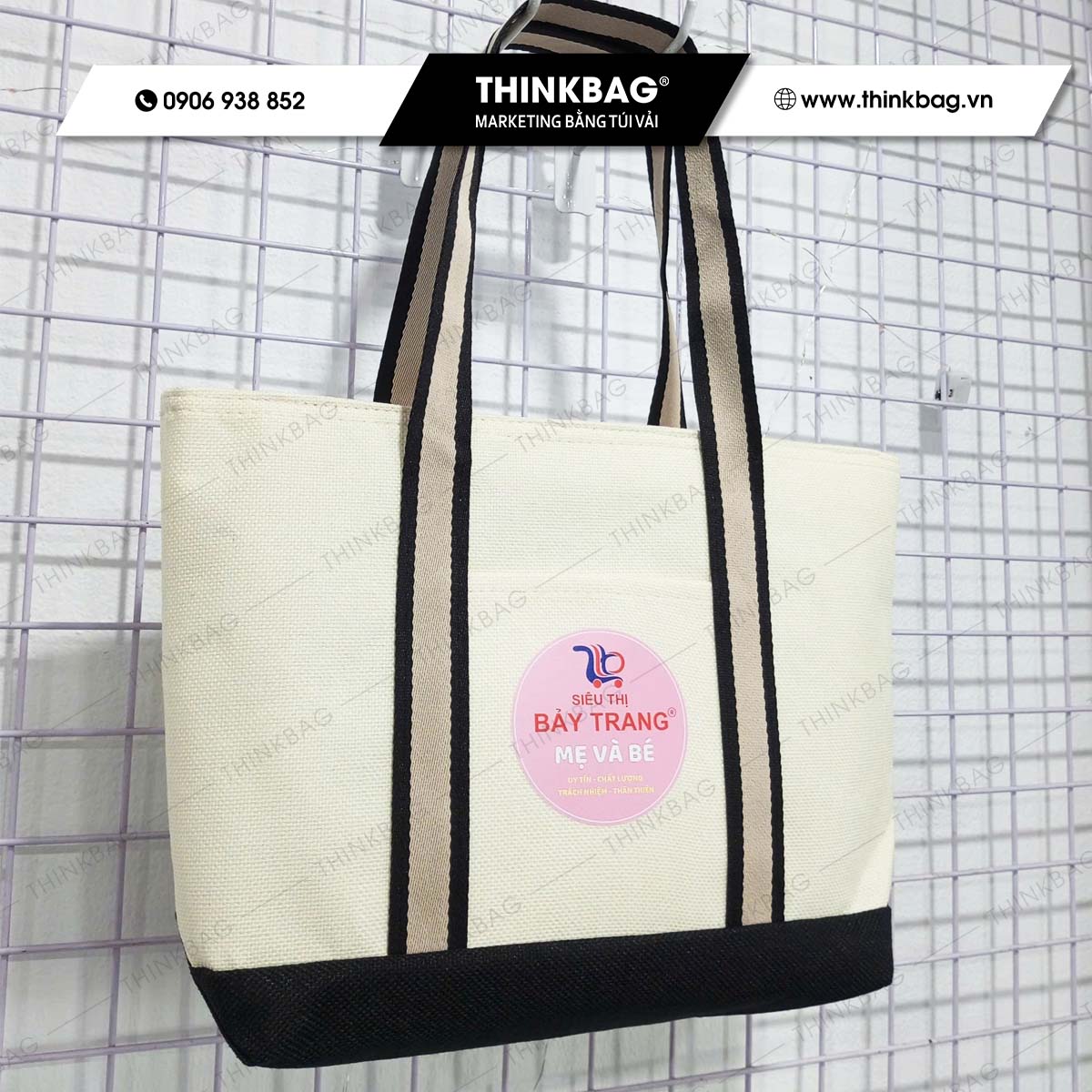 Túi vải đay in logo siêu thị mẹ và bé BẢY TRANG