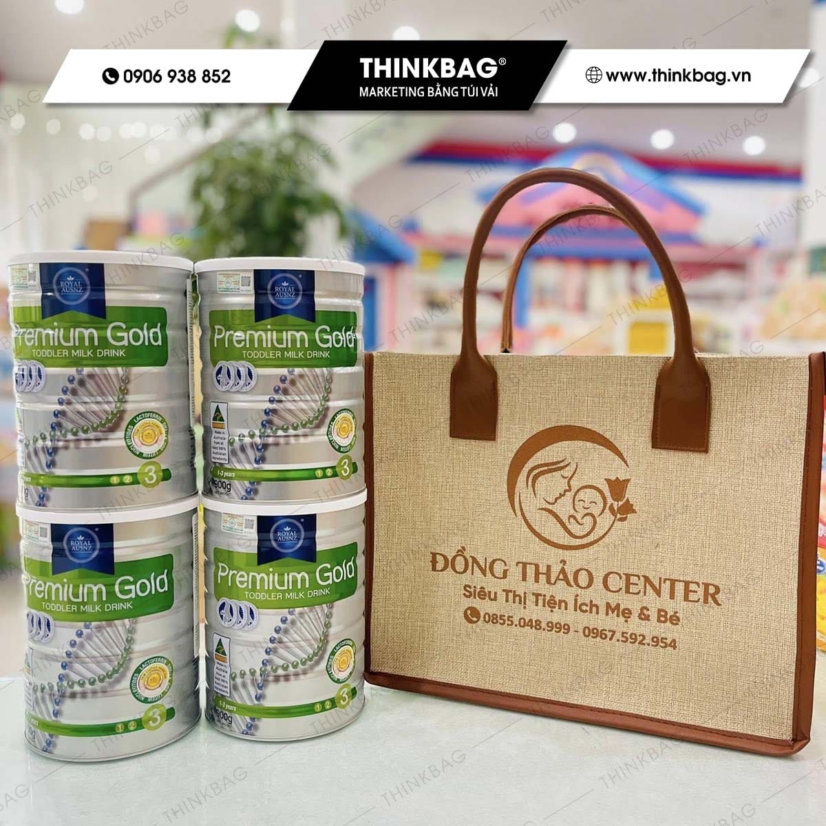 Túi vải đay in logo mẹ và bé Đồng Thảo Center - Số 1 mẫu túi mẹ và bé