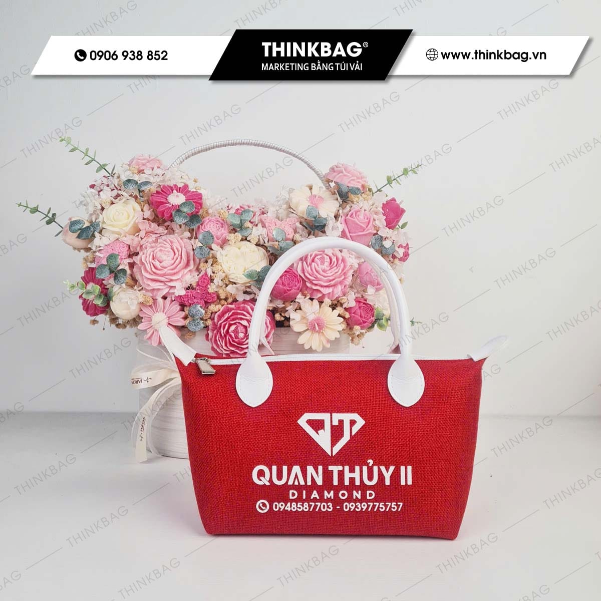 Túi vải đay in logo Quan Thủy II đỏ - quà tặng tiệm vàng hot 2026